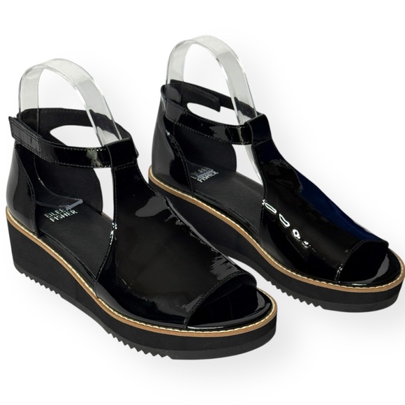 EILEEN FISHER Data Black Patent Ankle Strap Wedge Sandals Size 7 - Picture 1 of 12